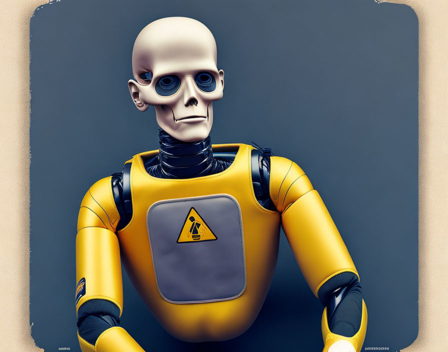 Yellow humanoid robot with skull-like face and hazard symbol on chest in grey background