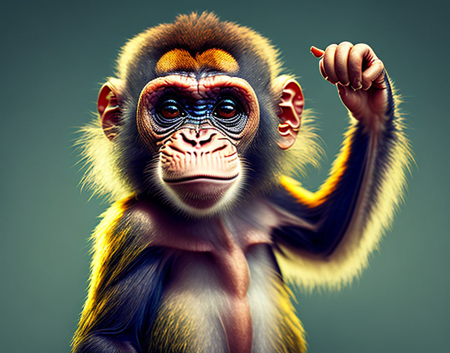 Colorful monkey with raised hand on greenish-gray background