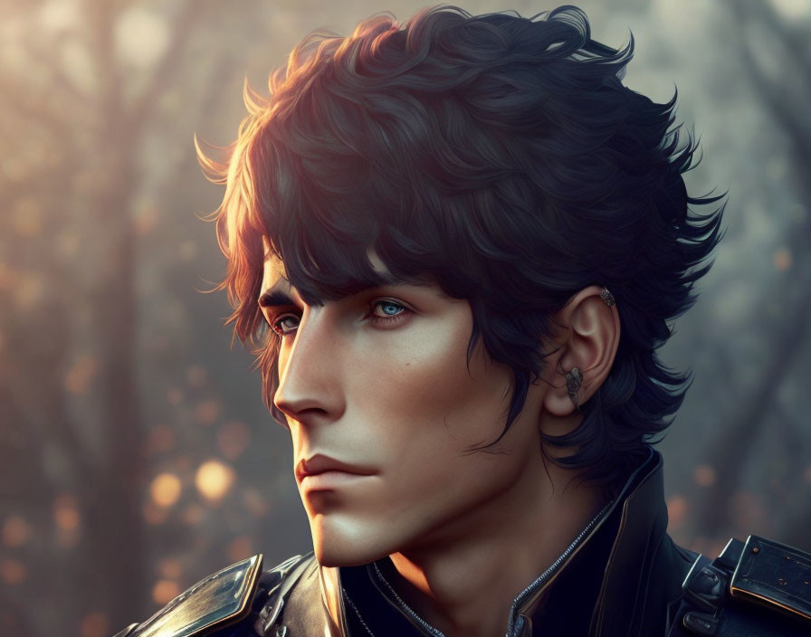 Man with Dark Hair & Blue Eyes in Leather Armor Against Autumn Forest