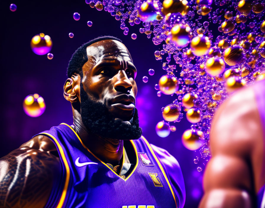 Basketball player in purple and yellow uniform surrounded by glowing bubbles.