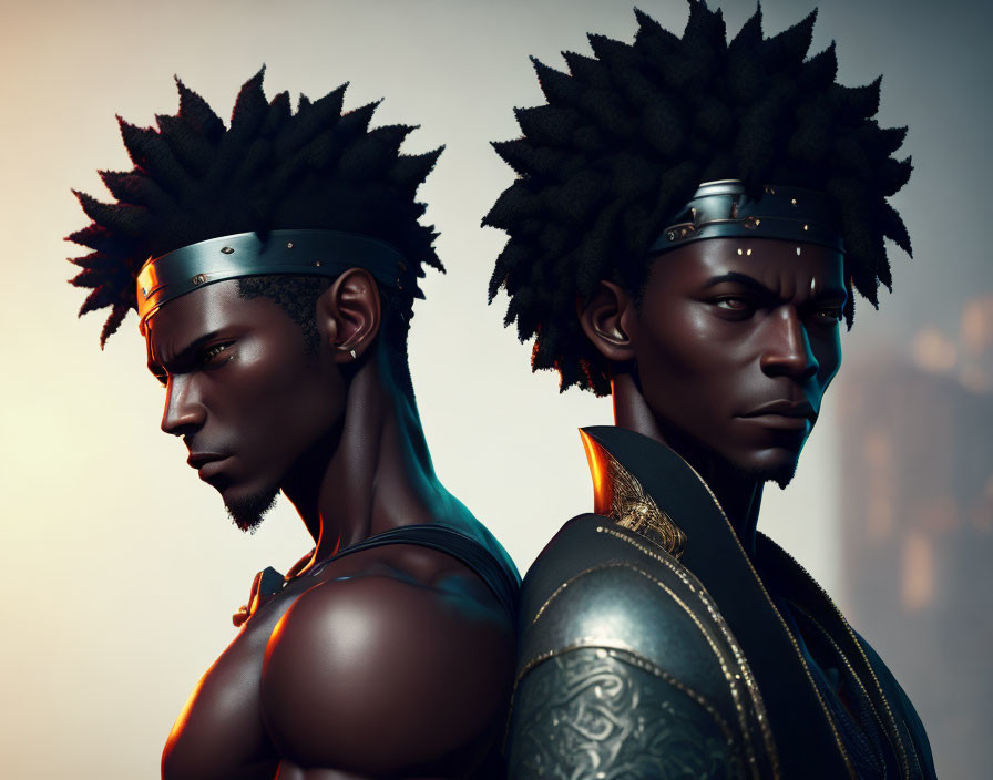 Stylized male figures with dark skin and spiky hair in headbands, facing opposite directions