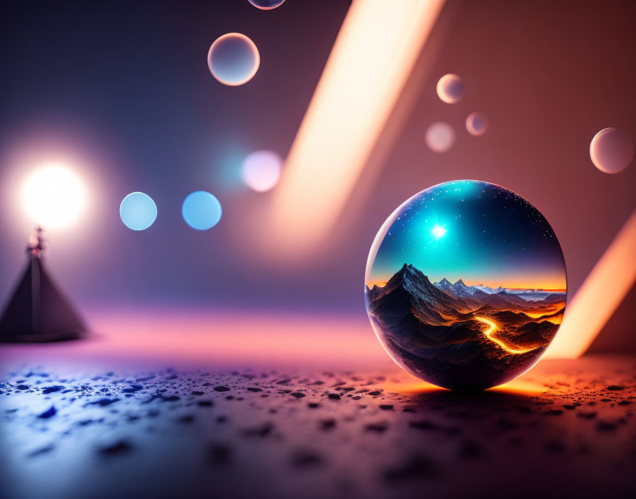 Crystal Ball Reveals Surreal Mountain Scene with Geometric Shapes