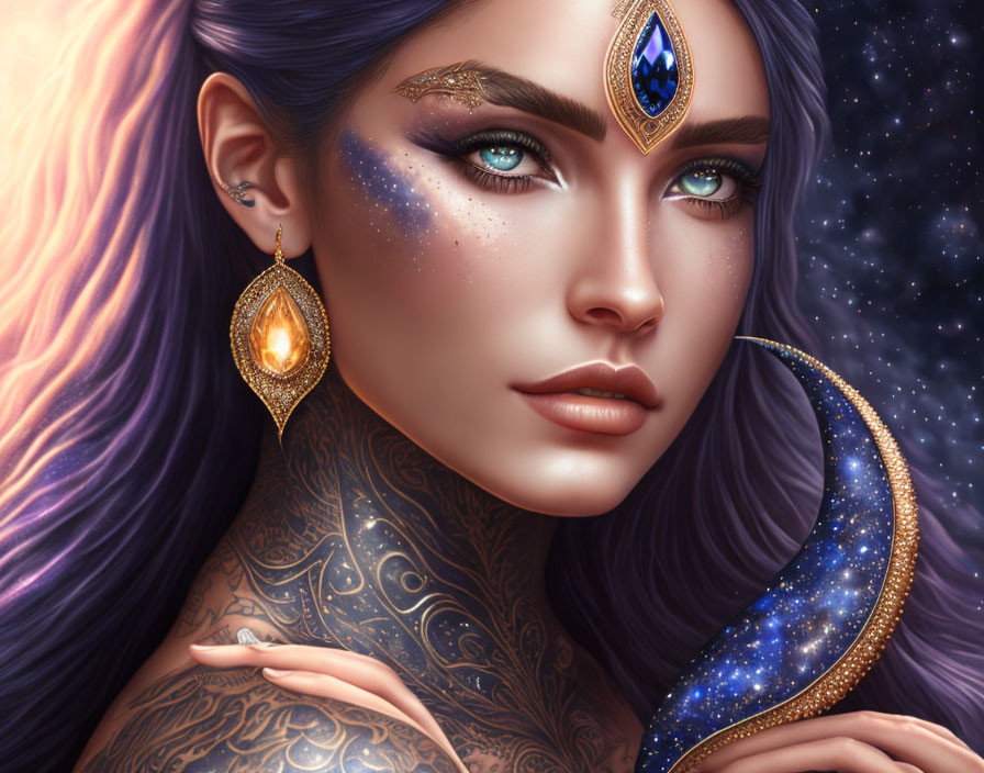 Blue-haired woman with golden tattoos and gemstone jewelry in fantasy portrait.