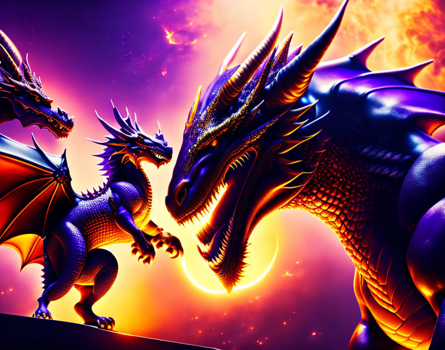 Two majestic dragons in front of a purple sky with a solar eclipse