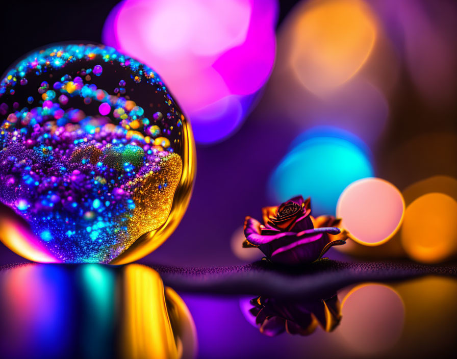 Colorful bokeh lights backdrop with glittering orb and rose on reflective surface