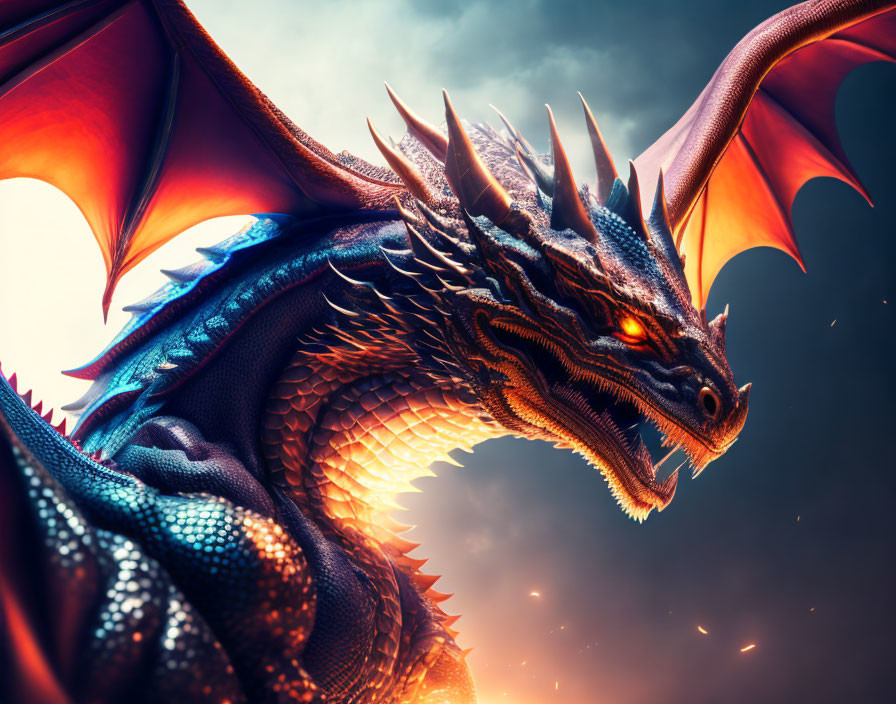 Detailed depiction of fierce dragon with blue scales, large horns, and red wings in dramatic sky