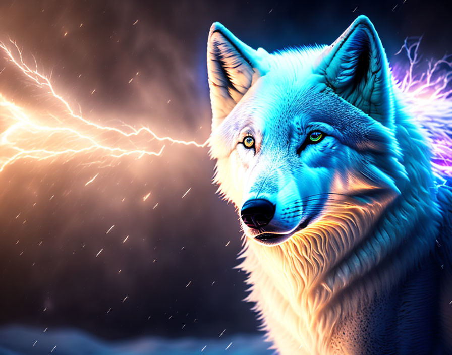 Majestic wolf with glowing eyes under stormy sky and lightning