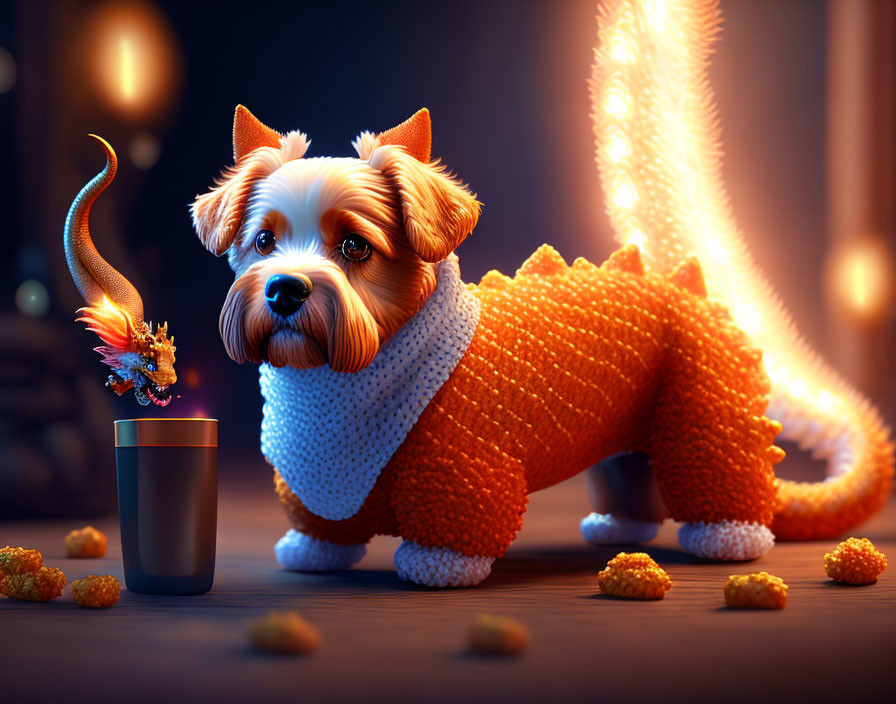 Furry dog in orange jumpsuit with dragon cup tail