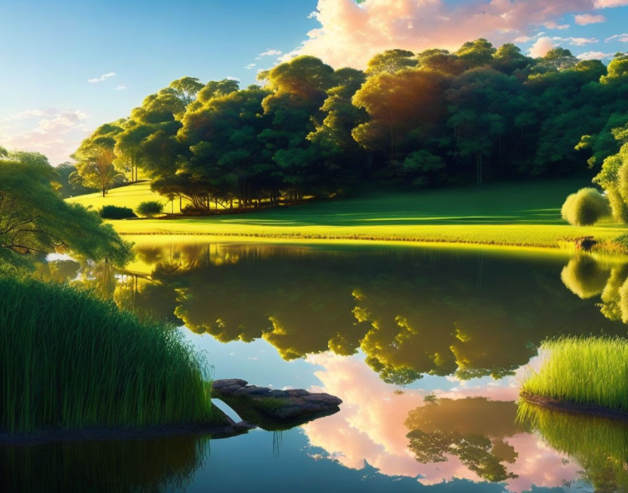 Tranquil lake with green landscape, sunset clouds, reeds, and distant trees