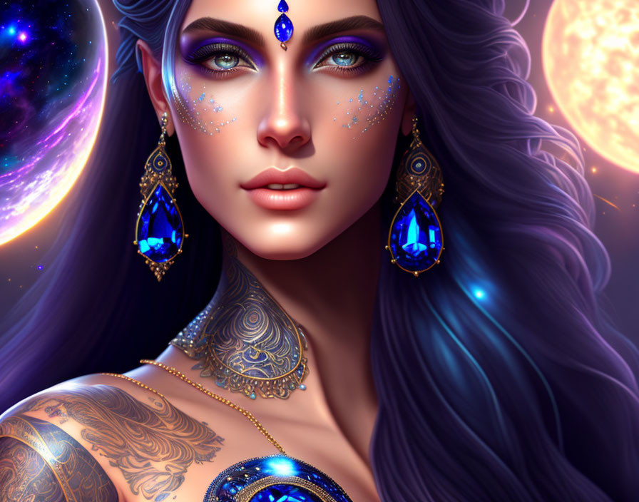 Digital Artwork: Woman with Blue Gem Jewelry, Tattooed Shoulders, Cosmic Planets