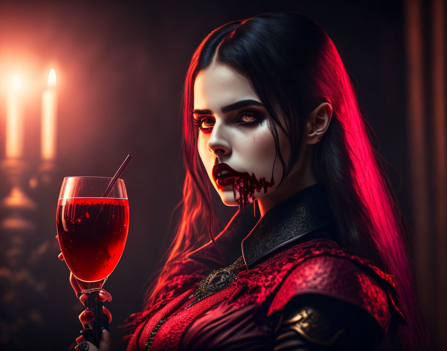 Gothic woman with vampire makeup holding red goblet and candles