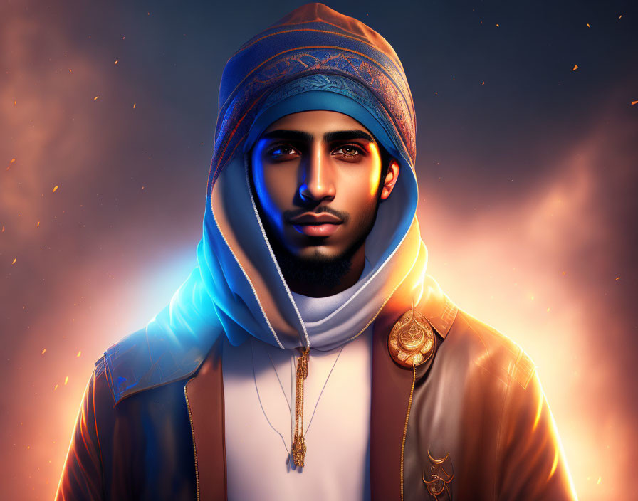 Bearded man in turban and traditional clothing with pendant in fiery setting