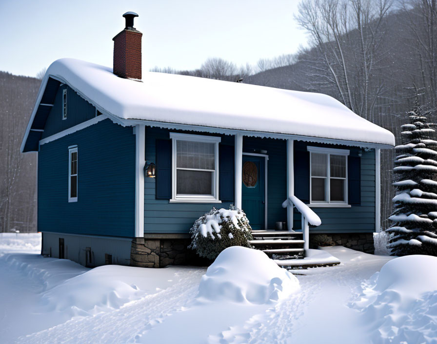 Blue house with snow-covered roof and wreath in winter scene