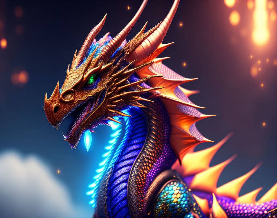 Majestic dragon with golden horns and blue scales