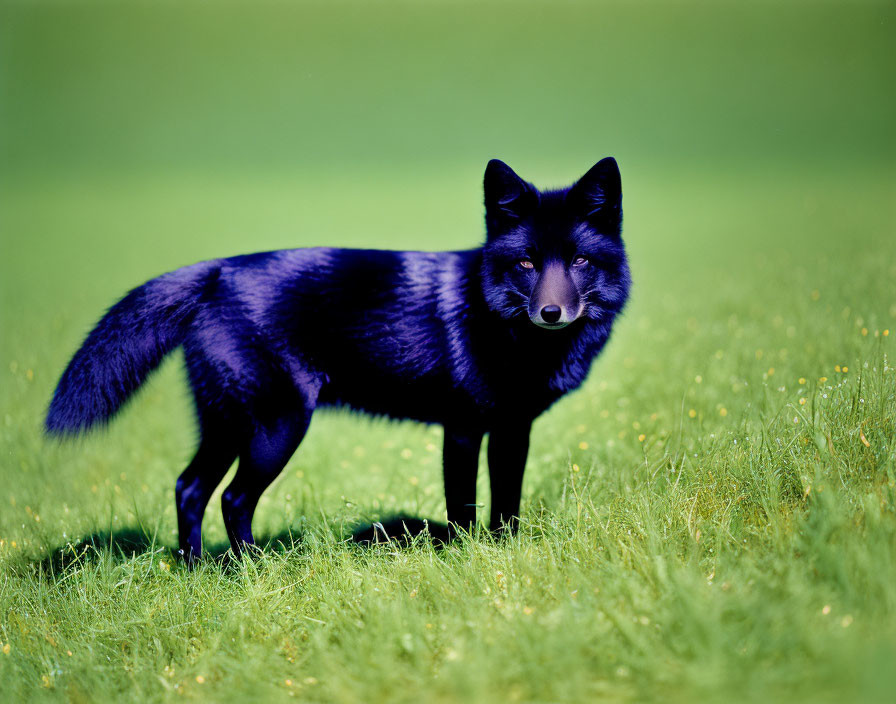 Black Fox in Vibrant Green Field with Flowers