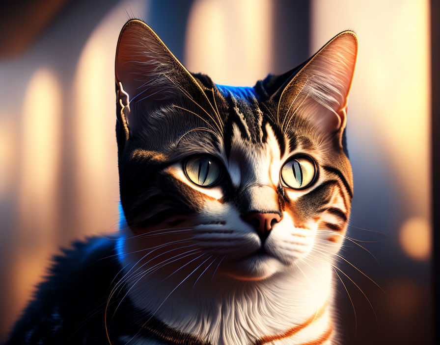 Close-up of cat with green eyes and warm-toned striped fur under soft sunlight