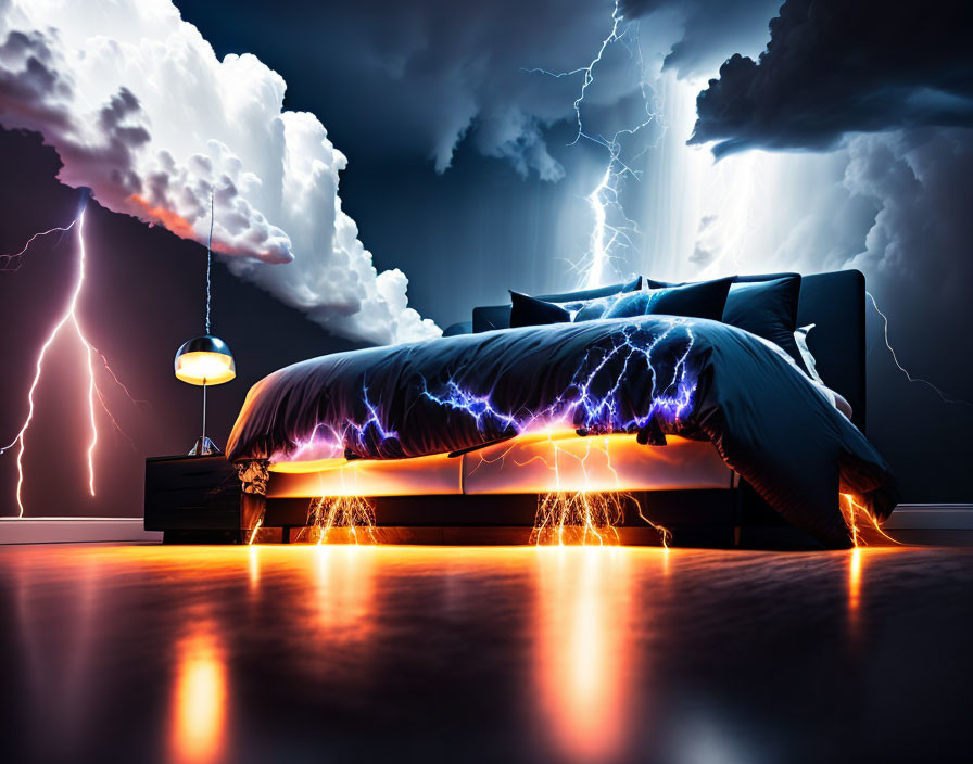 Surreal bedroom with cloud and lightning theme