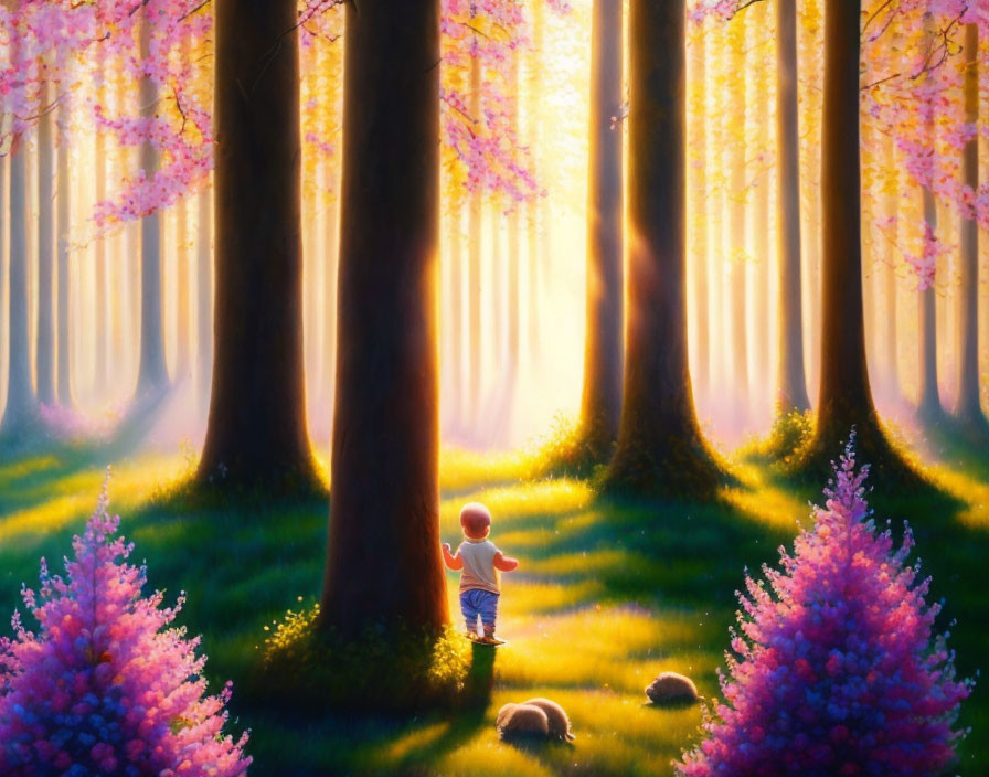 Child in magical forest with pink trees and sunbeams