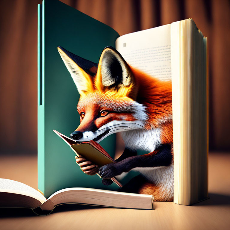 Illustration of a fox reading books in whimsical setting