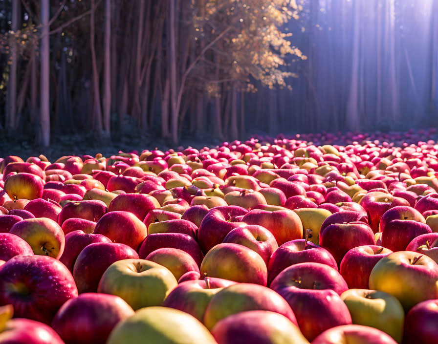 Shiny red apples carpet under forest sunlight