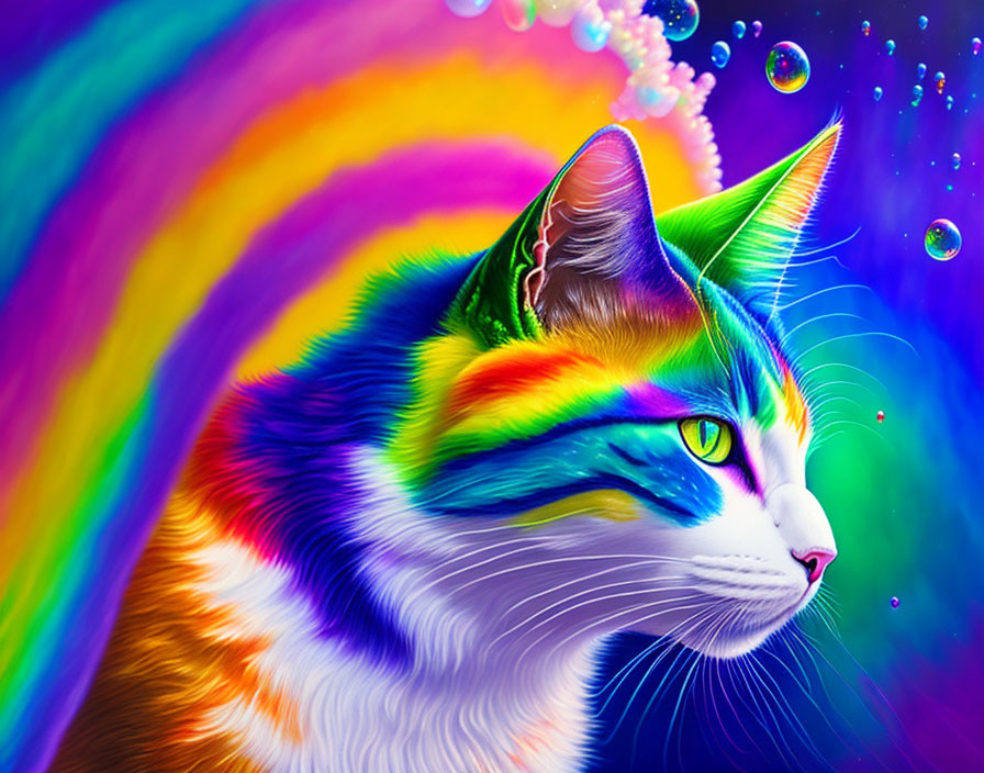 Colorful Rainbow Patterned Cat with Green Eyes in Psychedelic Setting