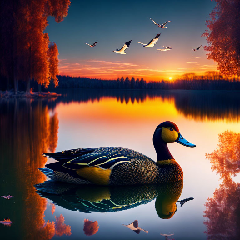 Duck floating on tranquil lake with autumn trees and sunset sky.