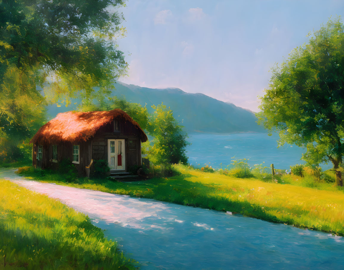 Tranquil landscape: thatched-roof cottage, stream, lake, verdant hills