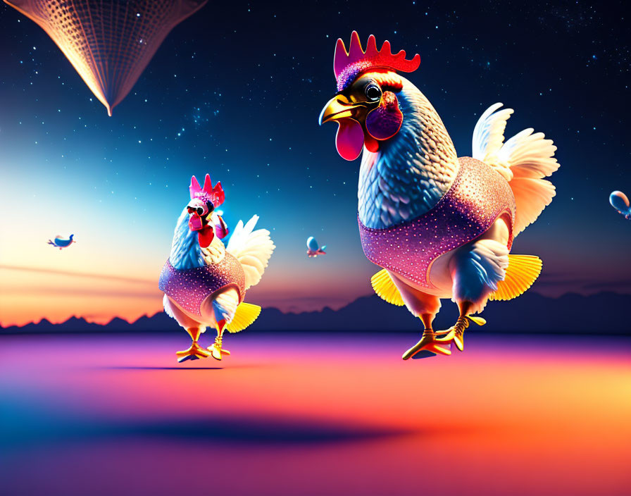 Colorful Space Landscape with Vibrant Chickens and Pyramid