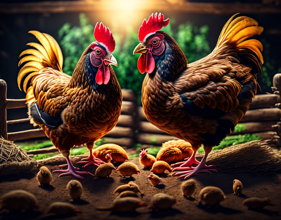 Colorful roosters protect chicks in rustic barn scene