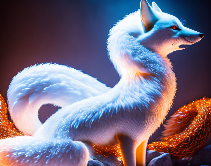 Majestic white fox with fluffy tail on warm orange and cool blue backdrop