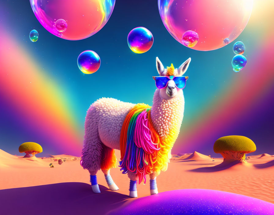 Colorful llama with sunglasses and rainbow scarf in desert with bubbles under purple sky