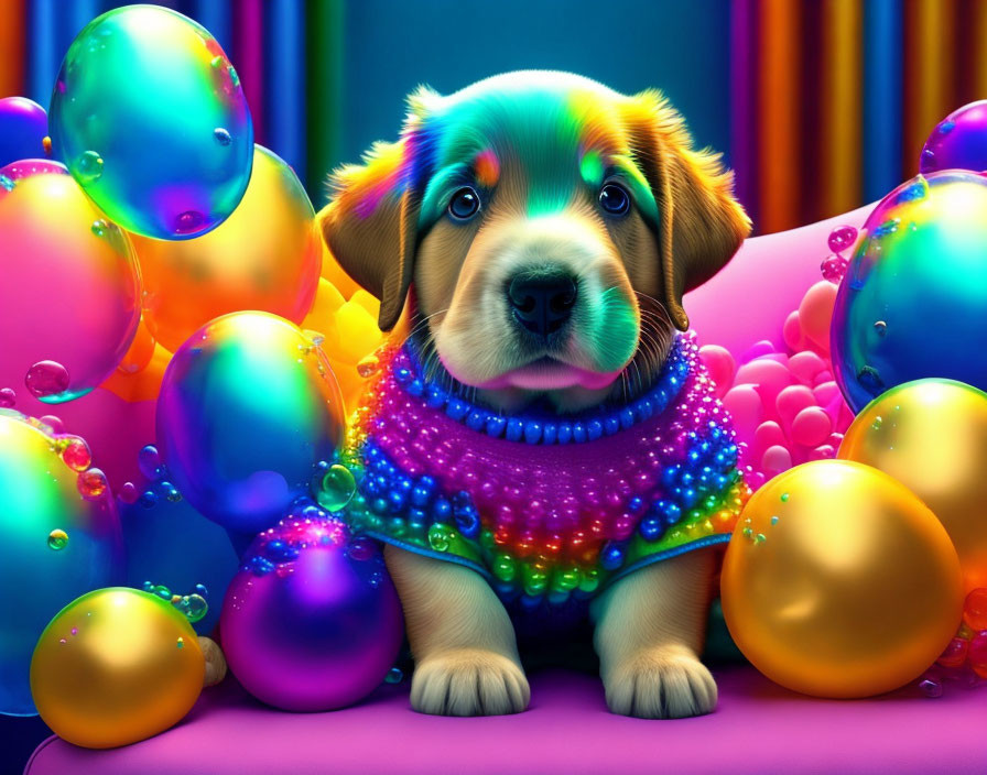 Colorful Puppy with Balloons and Pearl Necklace Illustration