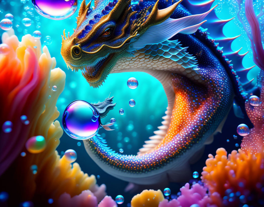 Colorful Mythical Dragon Artwork in Underwater Coral Scene