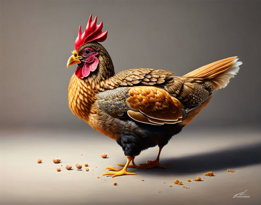 Colorful chicken with red comb and golden-brown plumage beside scattered feed