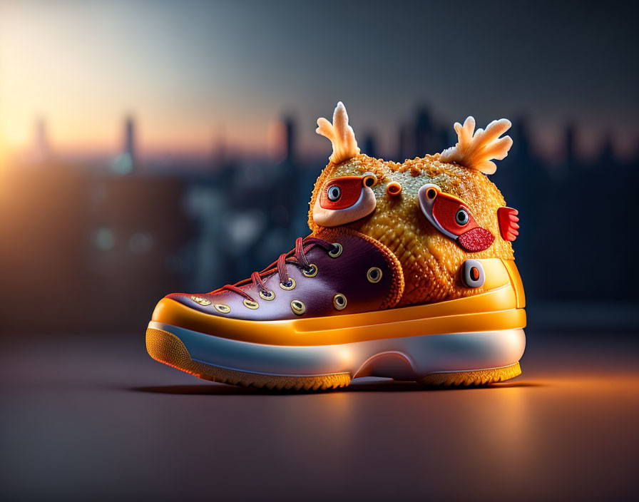 Fish-themed sneaker against sunset cityscape with scales and fins