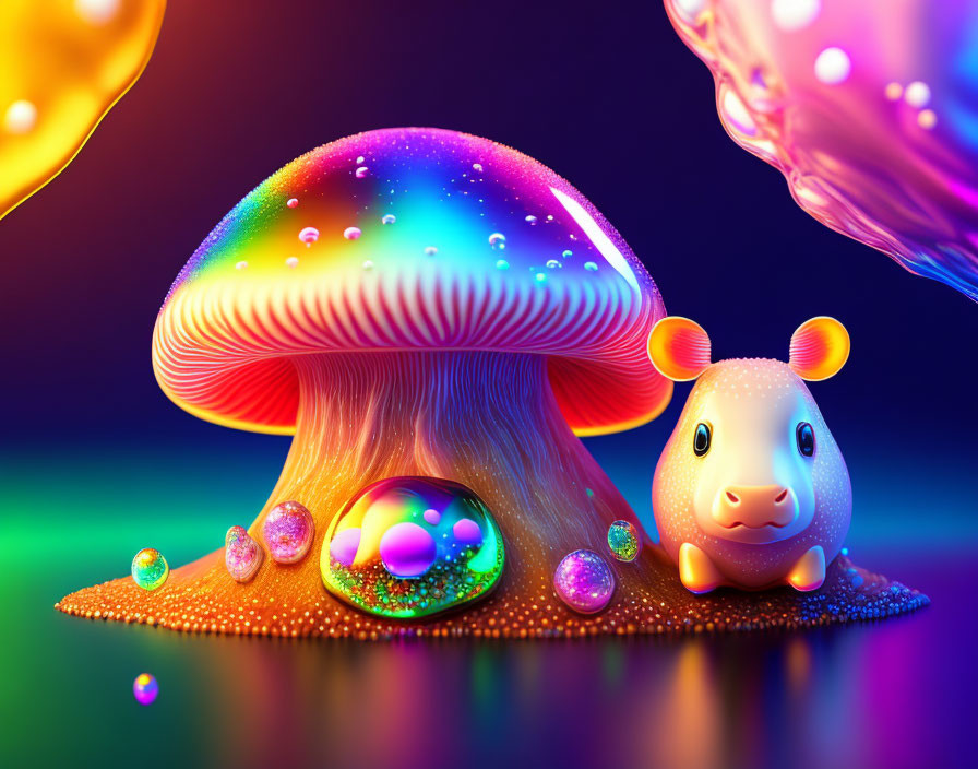 Colorful glowing mushroom with cute cow figure in neon-lit scene