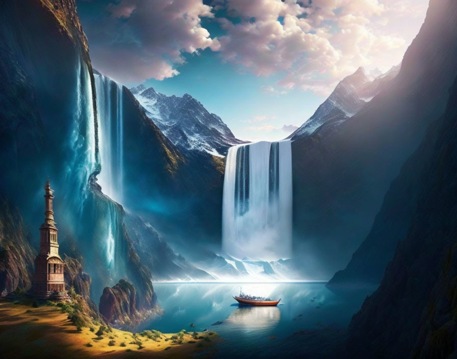 Majestic waterfall cascading into tranquil lake with boat and tower amidst cliffs