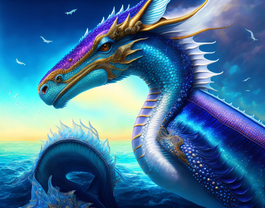 Colorful Dragon Soaring Above Mystical Sea at Sunset