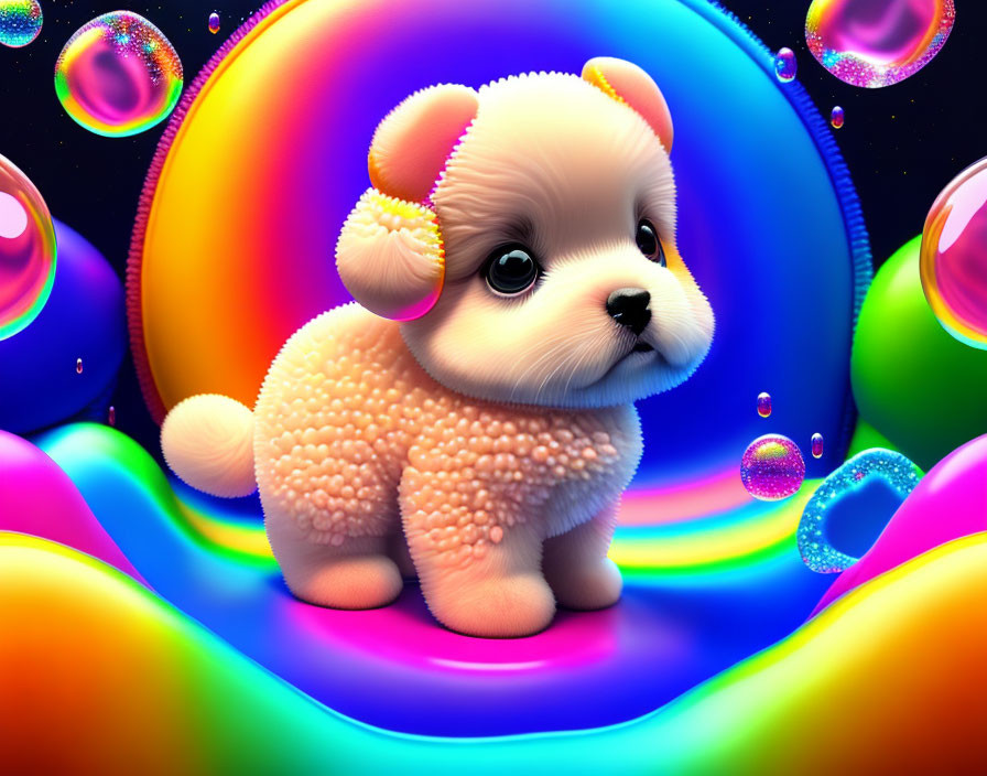 Colorful Cartoonish Puppy Surrounded by Bubbles on Rainbow Surface