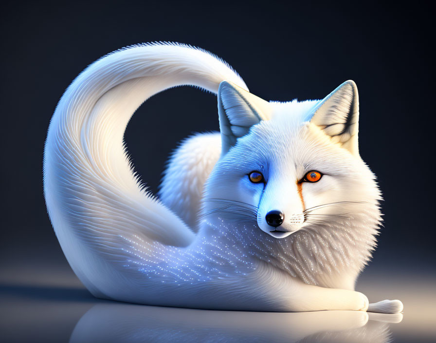 Majestic white fox with vibrant orange eyes and fluffy tail.