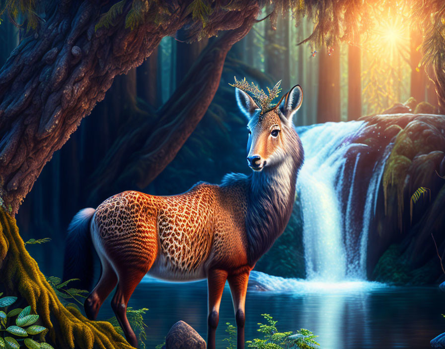 Mystical deer with luminous crown near serene waterfall in vibrant forest