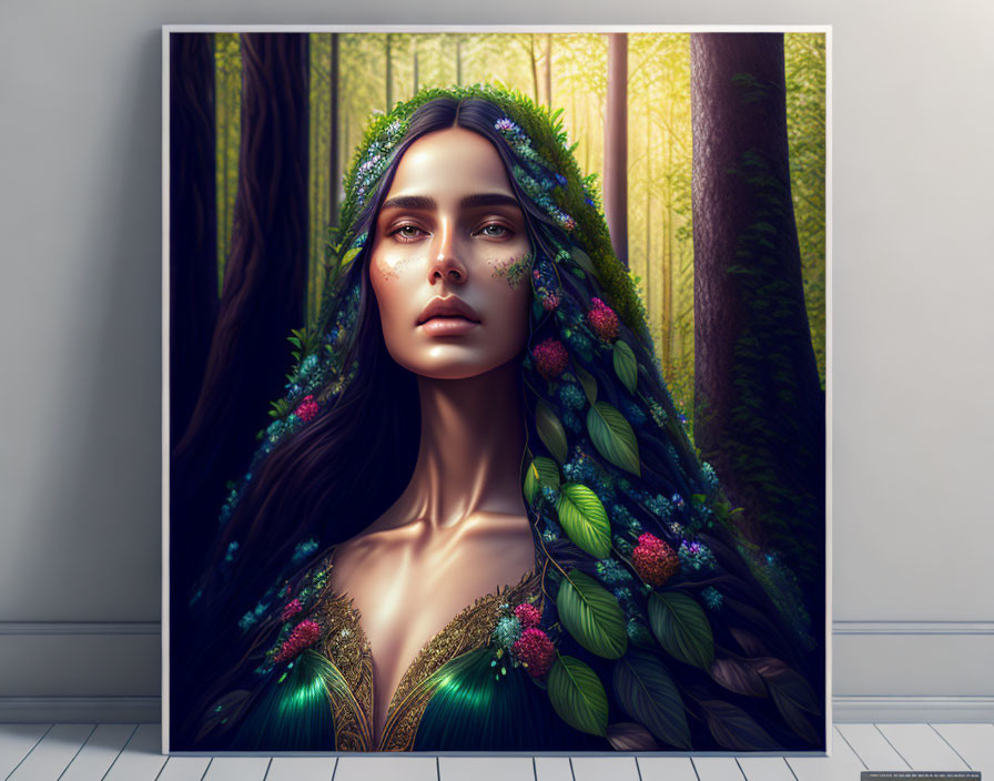 Woman with plant-like features in lush forest setting.