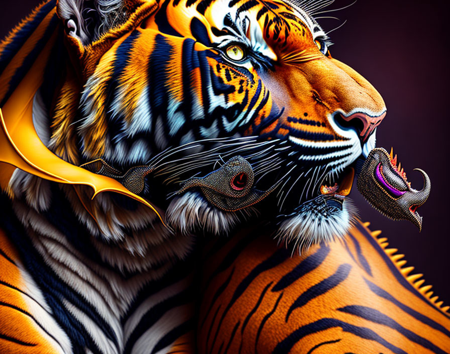 Colorful digital artwork: Tiger with flames, wing-like elements, and ornate patterns