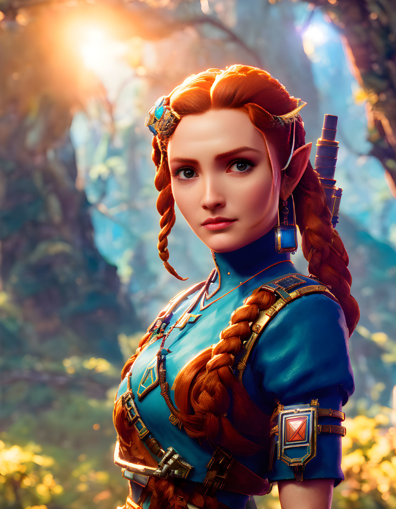 Red-haired woman in blue tribal attire with braids in enchanted forest