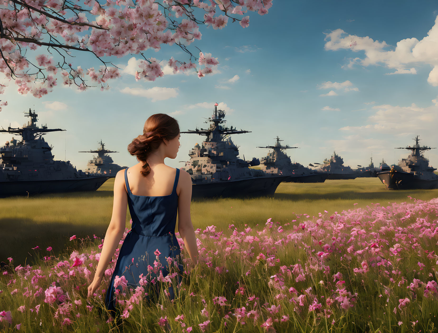 Woman in Blue Dress Viewing Fleet of Ships from Pink-Flowered Meadow