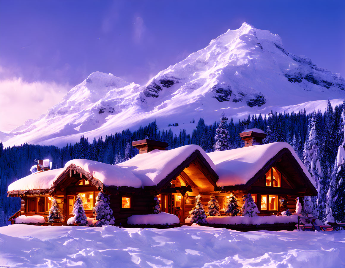 Winter landscape: Snow-covered log cabins, glowing windows, pine trees, and mountain