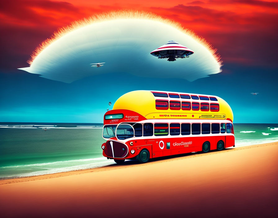 Red Double-Decker Bus on Sandy Beach with UFO in Teal Sky