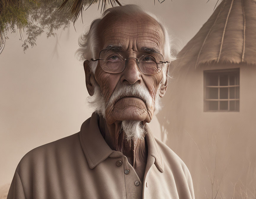 Elderly man in beige shirt with thin mustache and glasses by thatched-roof hut