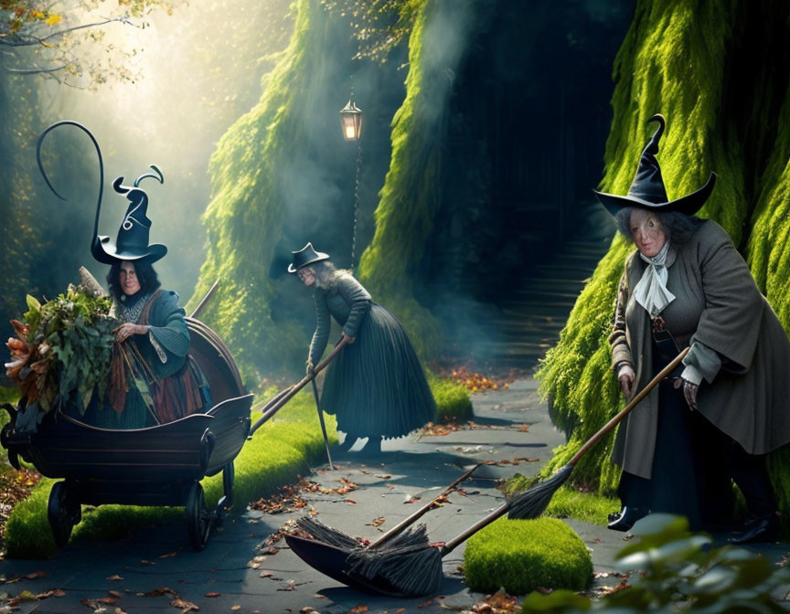 Mystical forest scene with three witches, broom, herbs, and foggy lighting