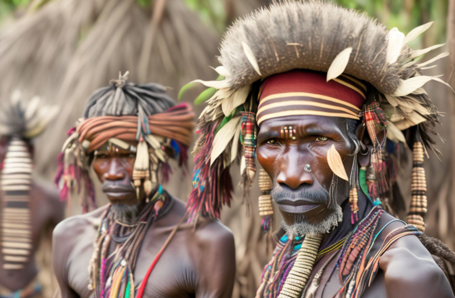 Traditional tribal attire with colorful beads and feathers in front of thatched huts.